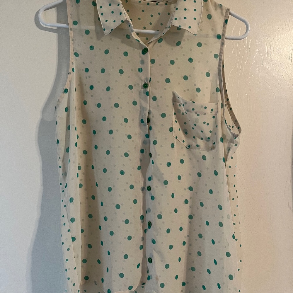 Sheer cream and teal polka dot tank